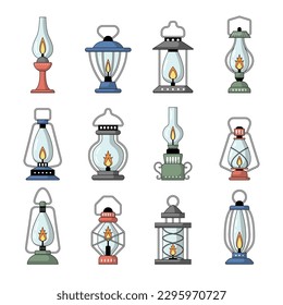 Vintage lanterns. Silhouettes of gas lamps recent vector retro night equipment