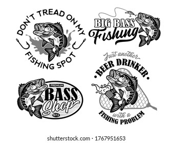 Vintage Largemouth Bass Fish Fishing Logos. Carnivorous Freshwater Gamefish. Black and white. Vector Illustration.