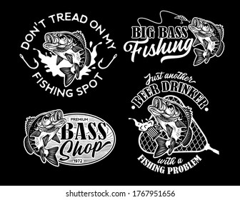 Vintage Largemouth Bass Fish Fishing Logos. Carnivorous Freshwater Gamefish. Black and white. Vector Illustration.