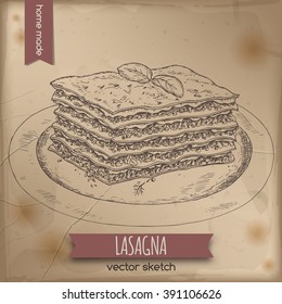 Vintage lasagna template placed on old paper background. Great for market, restaurant, cafe, food label design. 