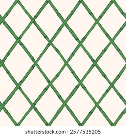 Vintage lattice pattern featuring bamboo and cane webbing, illustrated as a vector pattern. This geometric ornament is inspired by traditional Chinese design.Green grid with rhombuses