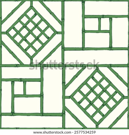 Vintage lattice pattern featuring bamboo and cane webbing, illustrated as a vector pattern. This geometric ornament is inspired by traditional Chinese design. Green lattice