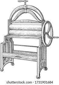 Vintage laundry mangle illustration, drawing, engraving, ink, line art, vector