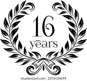 Vintage Laurel Wreath Anniversary Graphic with 16 Years - Versatile Vector Design for Celebrations and Corporate Use