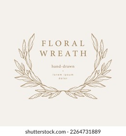 Vintage laurel wreath. Floral handmade frame. Vector illustration with branches and leaves for label, business identity, wedding invitation, greeting card, diploma. 