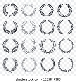 Vintage laurel wreath set. Circular wreath collection isolated on transparent background. Symbol of victory, award, luxury, anniversary. Decoration elements for your design. Vector illustration.