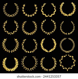 Vintage laurel wreath set. Collection of different golden silhouettes circular sign depicting award achievement heraldry, nobility, emblem. Laurel wreath award, winning, prize or victory