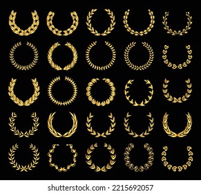 Vintage laurel wreaths set. Collection of different golden silhouette circular signs depicting an award achievement heraldry, nobility, emblem. Laurel wreath award, prize or victory set