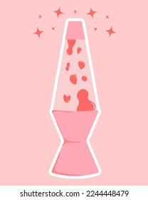 Vintage lava lamp. Retro concept. Cute poster 80-90s. Heart shaped pink liquid. Kawaii st Valentine's day. Romantic Y2k. Nostalgia. Groovy vibe.