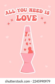 Vintage lava lamp. Retro concept. Cute poster 80-90s. Heart shaped pink liquid. Kawaii st Valentine's day. Romantic. Nostalgia. Groovy vibe. Trendy colors.