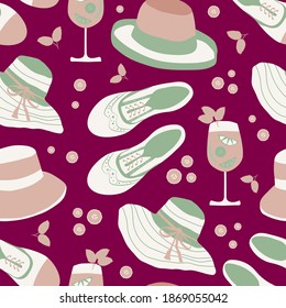 Vintage lawn party seamless vector pattern background. Midcentury style design with shoes, hats, drinks on burgundy backdrop. Elegant hand drawn illustration. All over print for summer concept