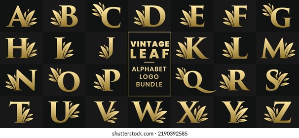 Conjunto de logotipos de hoja de cosecha vintage. Logotipo de letra retro dorada de la letra vintage de A a Z
