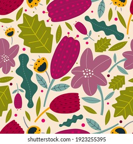 Vintage leaf and flower vector repeat pattern.