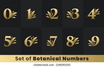 Paquete de logotipo de número de hoja vintage. Logotipo del número natural de oro conjunto A a Z