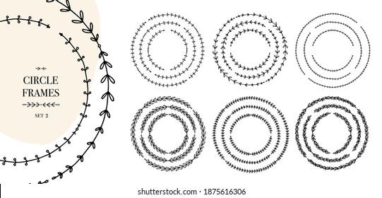 Colección de borde redondo de hoja de cosecha. Gráfica vectorial de Doodle para decoración de libros o invitaciones de boda.