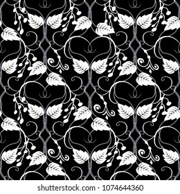Vintage leafy floral seamless pattern. Vector patterned black and white abstract forest background. Line art tracery branches, leaves, flowers, swirls. Plants ornament. Decorative ornate modern design