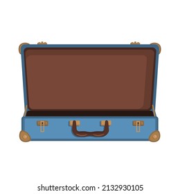 vintage leather classic travel blue open suitcase in flat style