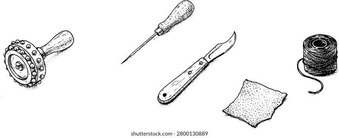 Vintage Leathercraft Tool Icon Set Featuring Overstitch Wheel Awl Skiving Knife Leather Scrap and Waxed Thread Spool Engraving Vector Illustrations.eps