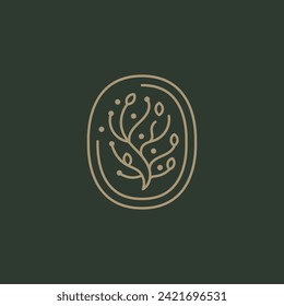 Vintage Leaves Plant inside Oval Shape Line Style Logo Design Vector