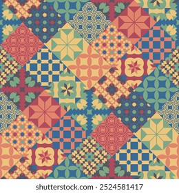 Vintage Leiden geometrics quilt diagonal patchwork Vector pattern. Colorful geometric tiles mosaic checker in dusted colors, red, salmon, blue, green, yellow.
