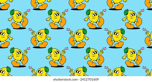 Vintage lemon fruit cartoon character seamless pattern. Trendy retro food mascot background. Groovy wallpaper print texture in 70s art style.