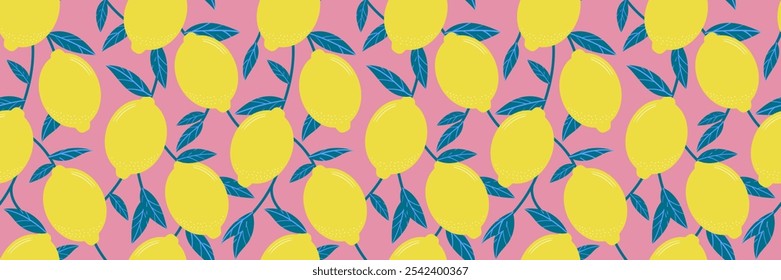 Vintage lemon illustrations vector banner, seamless repeating background design