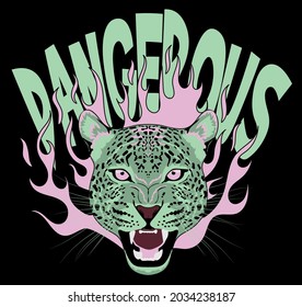 Vintage leopard head illustration print with pink flames and dangerous slogan for man - woman graphic tee t shirt - Vector
