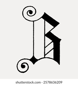 Vintage letter 'B' with ornate swirls, black on white. Decorative 'B' design, intricate swirls. Classic 'B' with swirls, elegant and artistic. Vintage black font isolated on white, vector.