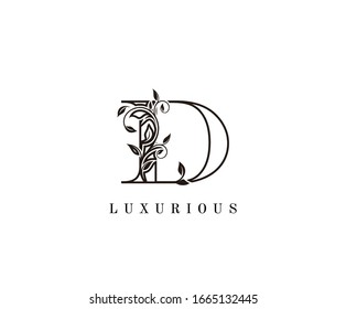 Vintage Letter D Logo. D Letter Design Vector with Black Color and Floral Hand Drawn.