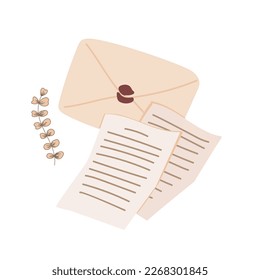 Vintage letter, dried plant and envelope isolated on white. Memory concept, vector illustration.