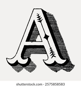 Vintage letter A illustration with ornate design. The letter A has intricate details, showcasing a classic, vintage style. Perfect for vintage-themed projects. Vintage illustration isolated, vector.