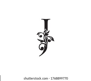 Logo de la letra vintage J. Vector clásico de diseño de letras J con color negro y mano floral dibujado.