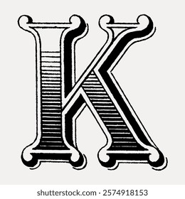 Vintage letter 'K' in black and white, ornate and decorative. The letter 'K' features intricate details, showcasing a classic, vintage style. Vintage illustration isolated on white, vector.