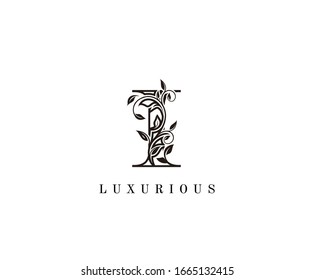 Vintage Letter I Logo. I Letter Design Vector with Black Color and Floral Hand Drawn.