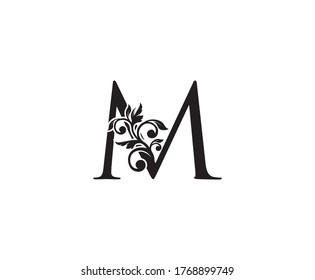 Vintage Letter M Logo. Classic M Letter Design Vector with Black Color and Floral Hand Drawn.