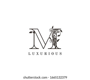 Vintage Letter M Logo. M Letter Design Vector with Black Color and Floral Hand Drawn.