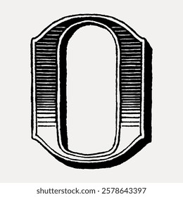 Vintage letter 'O' illustration in black and white. Classic 'O' design with intricate details. Retro 'O' art, perfect for typography enthusiasts. Vintage black font isolated on white, vector.