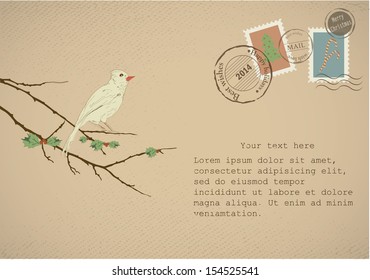Vintage letter on old paper with retro post stamps. For Christmas, New year holidays