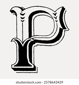 Vintage letter 'P' in black and white, featuring ornate, decorative design. The letter 'P' is bold, with intricate details, emphasizing its vintage style. Vintage black font isolated on white, vector.