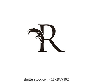 Vintage Letter R Logo. Classic R Letter Design Vector with Black Color and Floral Hand Drawn.