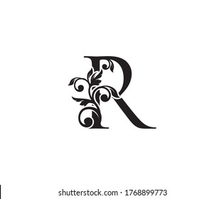 Vintage Letter R Logo. Classic R Letter Design Vector with Black Color and Floral Hand Drawn.