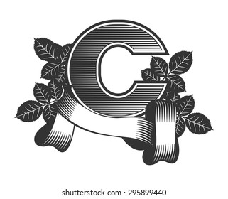 Vintage letter randomly drawn bars decorated with ribbons and leaves roses on a white background, letter C