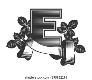 Vintage letter randomly drawn bars decorated with ribbons and leaves roses on a white background, letter  E