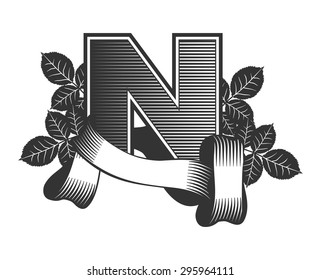 Vintage letter randomly drawn bars decorated with ribbons and leaves roses on a white background, letter N