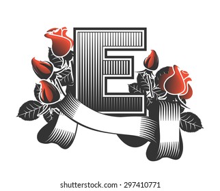 Vintage letter randomly drawn bars decorated with ribbons and leaves roses on a white background, letter  E