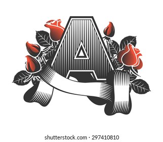 Vintage letter randomly drawn bars decorated with ribbons and leaves roses on a white background, letter  A