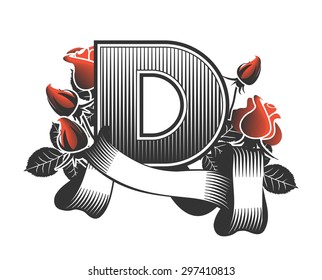 Vintage letter randomly drawn bars decorated with ribbons and leaves roses on a white background, letter  C