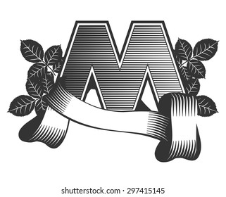 Vintage letter randomly drawn bars decorated with ribbons and leaves roses on a white background, letter  M