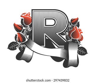Vintage letter randomly drawn bars decorated with ribbons and leaves roses on a white background, letter  R