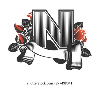 Vintage letter randomly drawn bars decorated with ribbons and leaves roses on a white background, letter  N